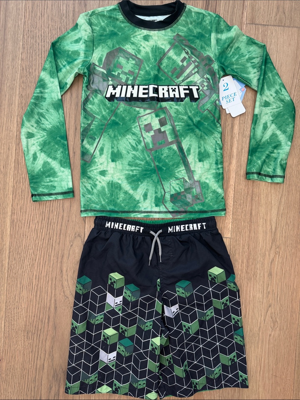 Minecraft Boys NWT SPF 50 2 Piece Swim Set Long Sleeve Rash Guard Swimming Trunk
